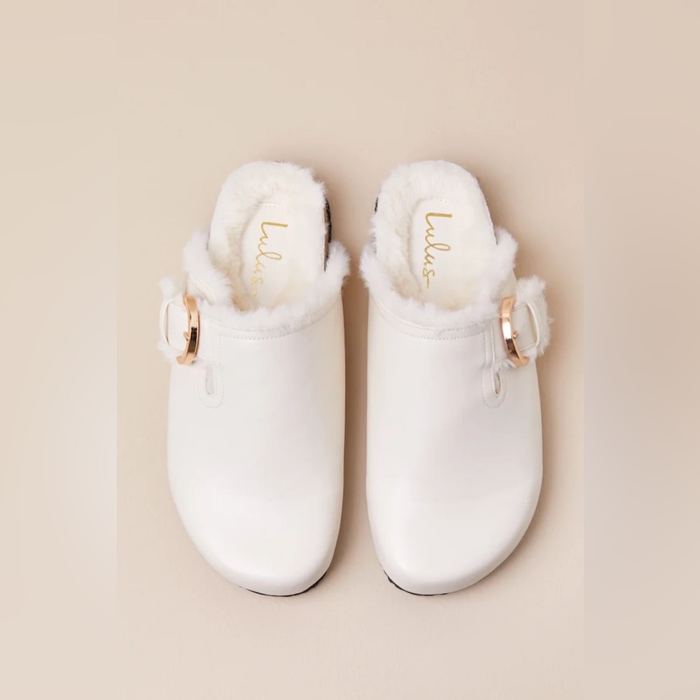 Lulus Carrina Bone Faux Fur Buckle Mule Slides White - Size 10 - Picture 3 of 11